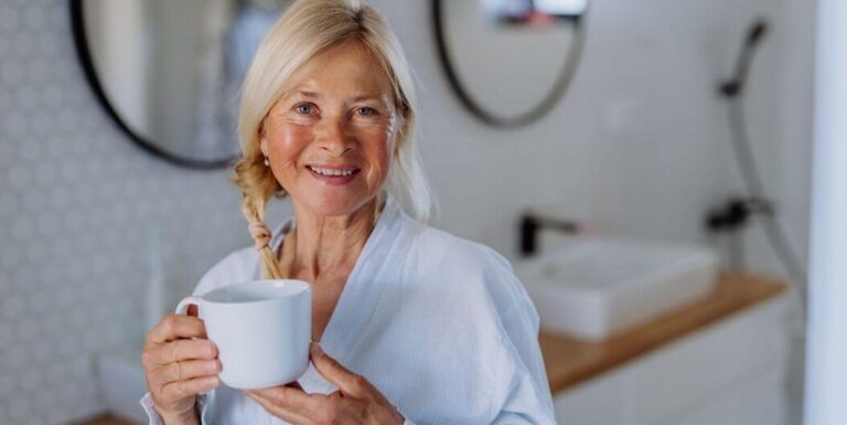 Elderly Woman Enjoying Tea in Independent Living Facility